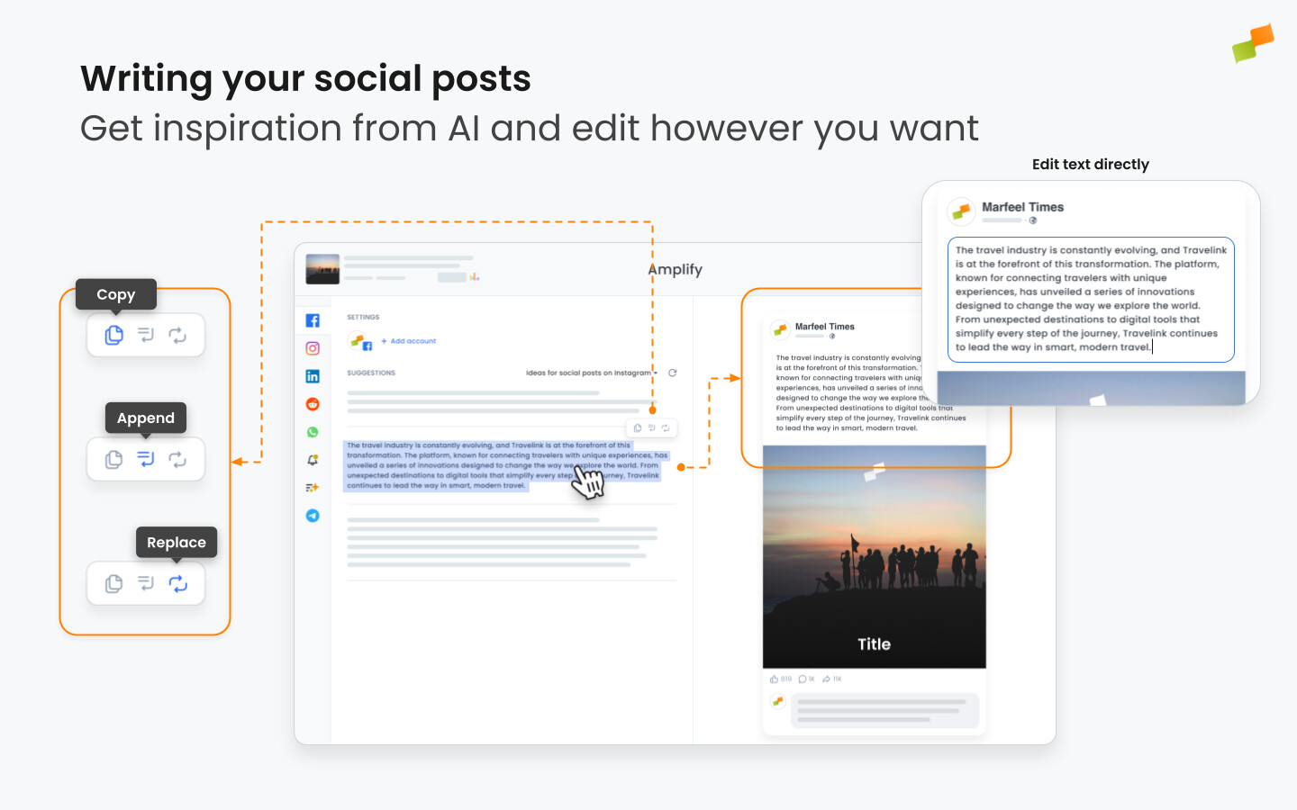 Copilot-generated post suggestions alongside the editable post preview|1440x900