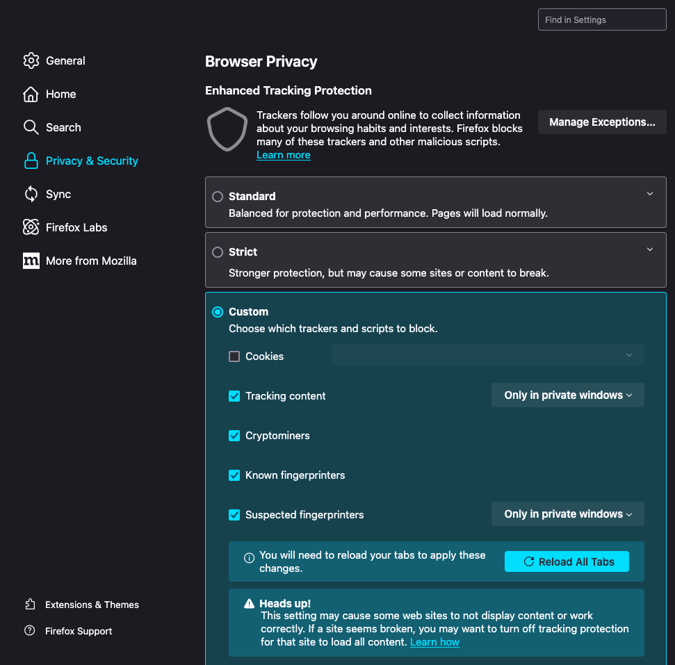 Firefox Custom Privacy settings with cookies checkbox highlighted|608x600