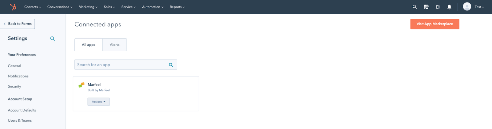 HubSpot connected apps settings showing a successful Marfeel integration|470x124