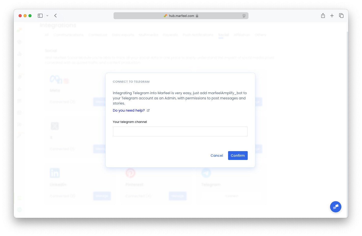 Telegram channel name input field showing the unique at-sign format|690x450
