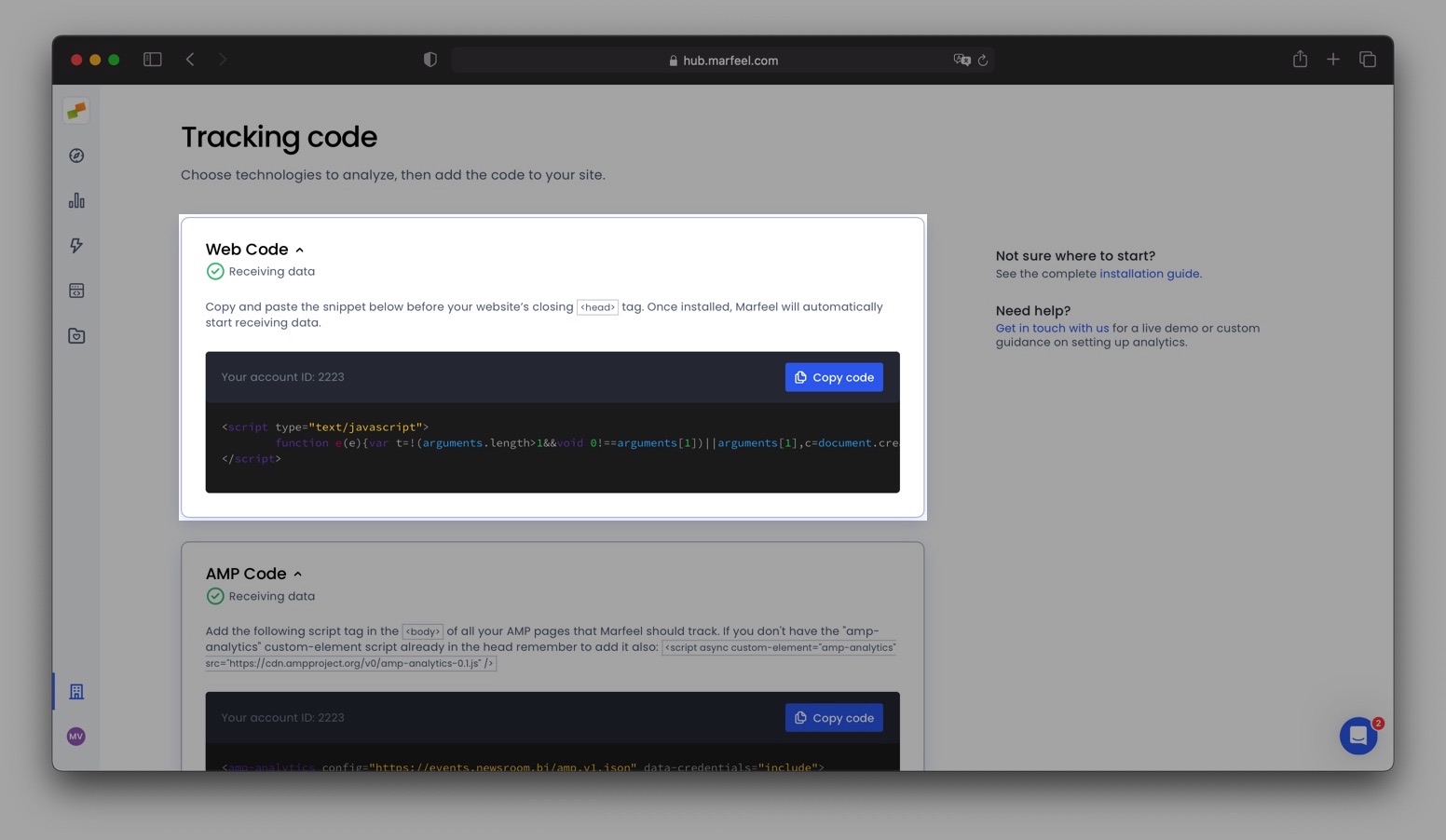 Marfeel Hub tracking page with the SDK code snippet ready to copy|690x401