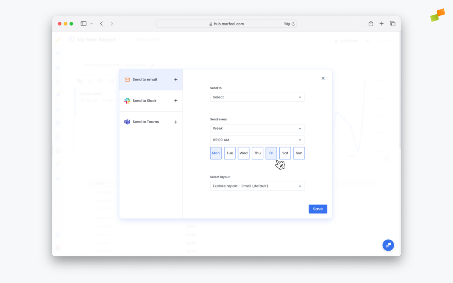 Schedule configuration with day-of-week and time selectors for recurring report delivery|690x431