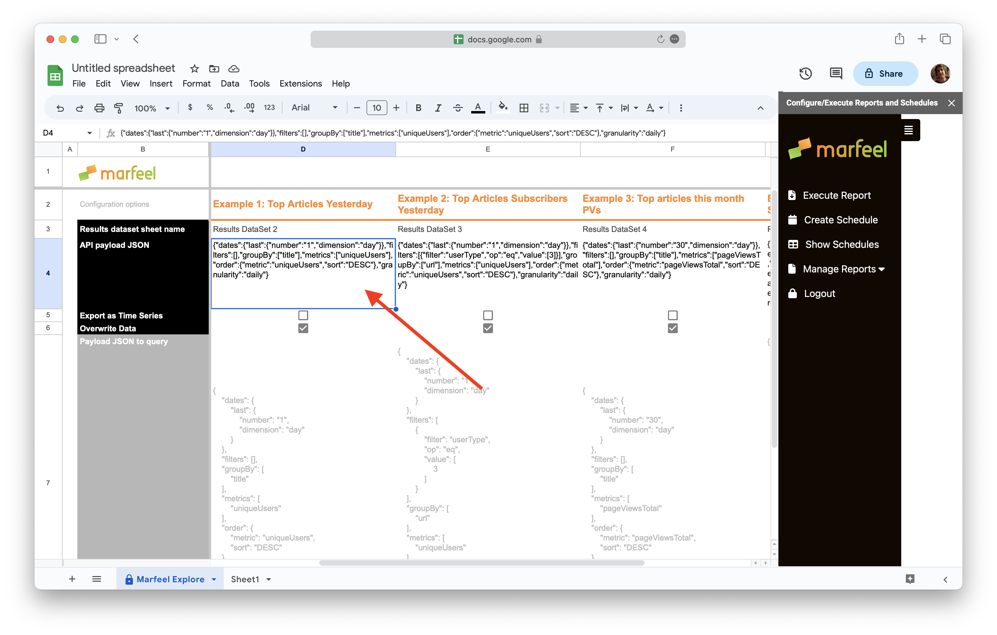 Marfeel Explore sheet with a JSON query pasted into the API payload row|690x439