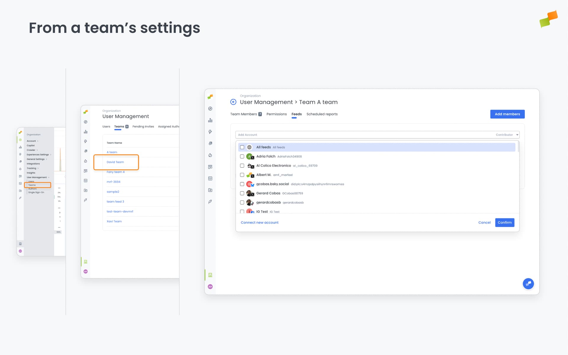Team settings panel showing role assignment for multiple feeds|690x431