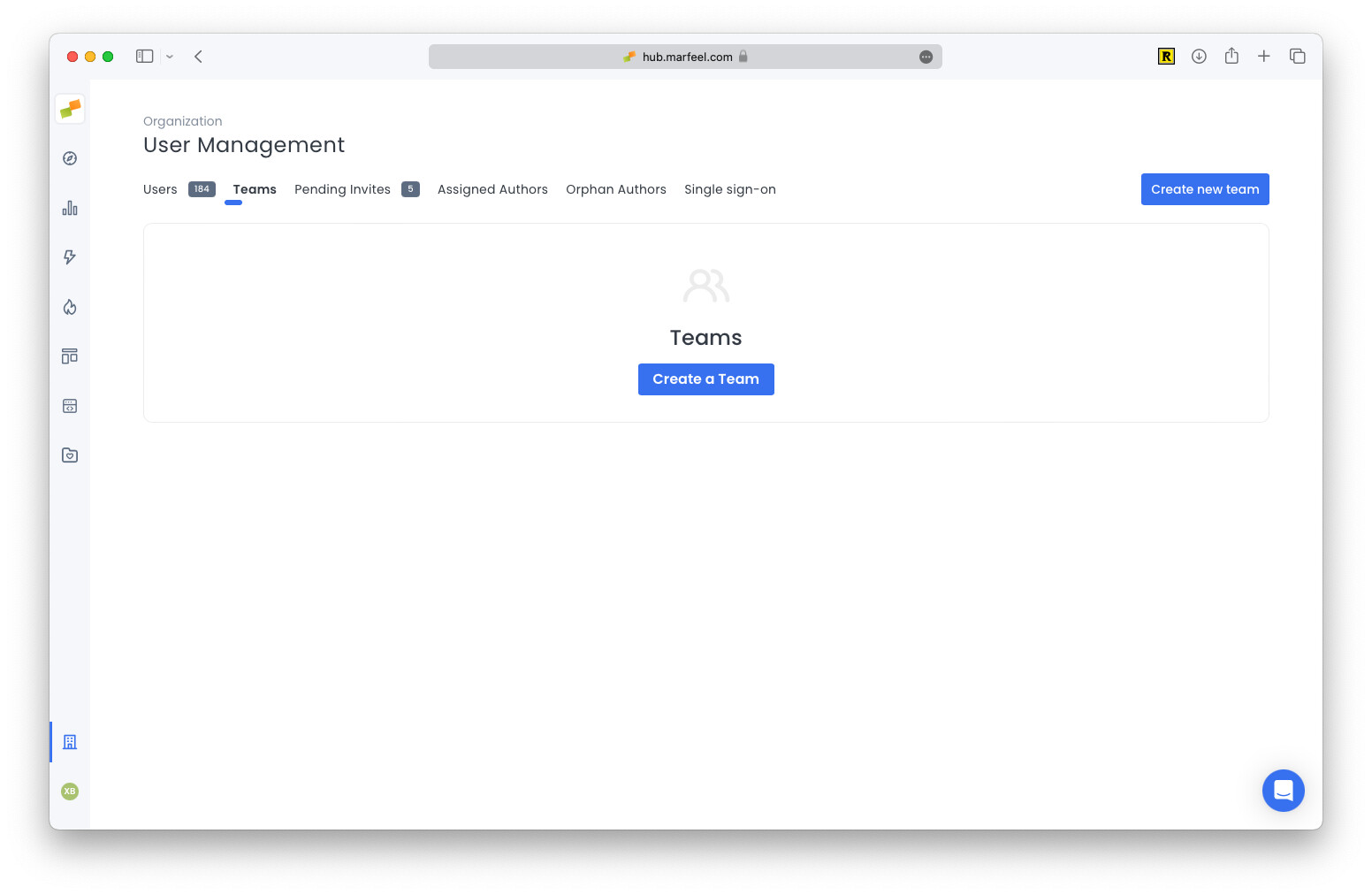 Create a Team button in the Marfeel Teams management view|690x449