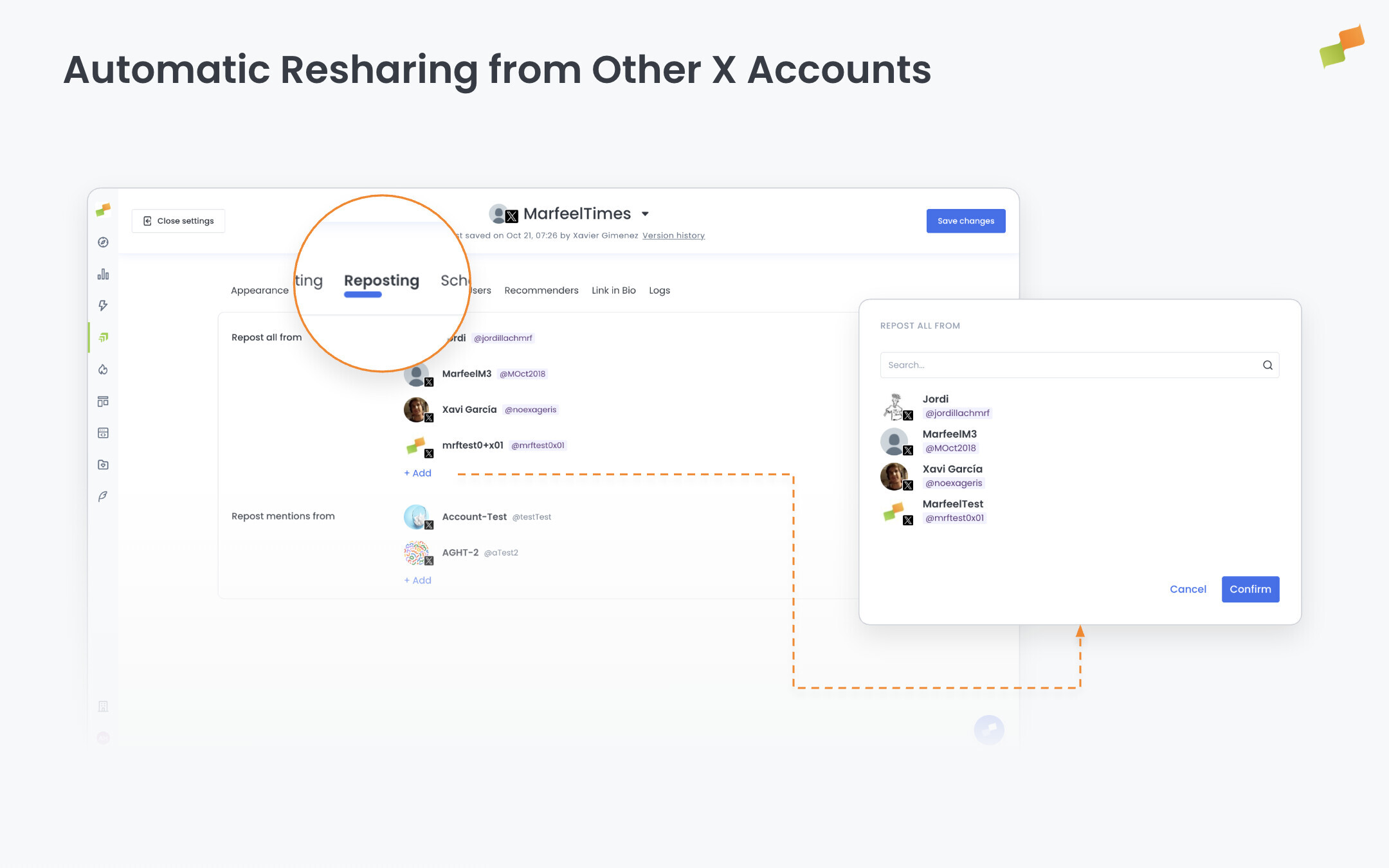 Amplify feed configuration panel for automatic X resharing with account selection options|690x431