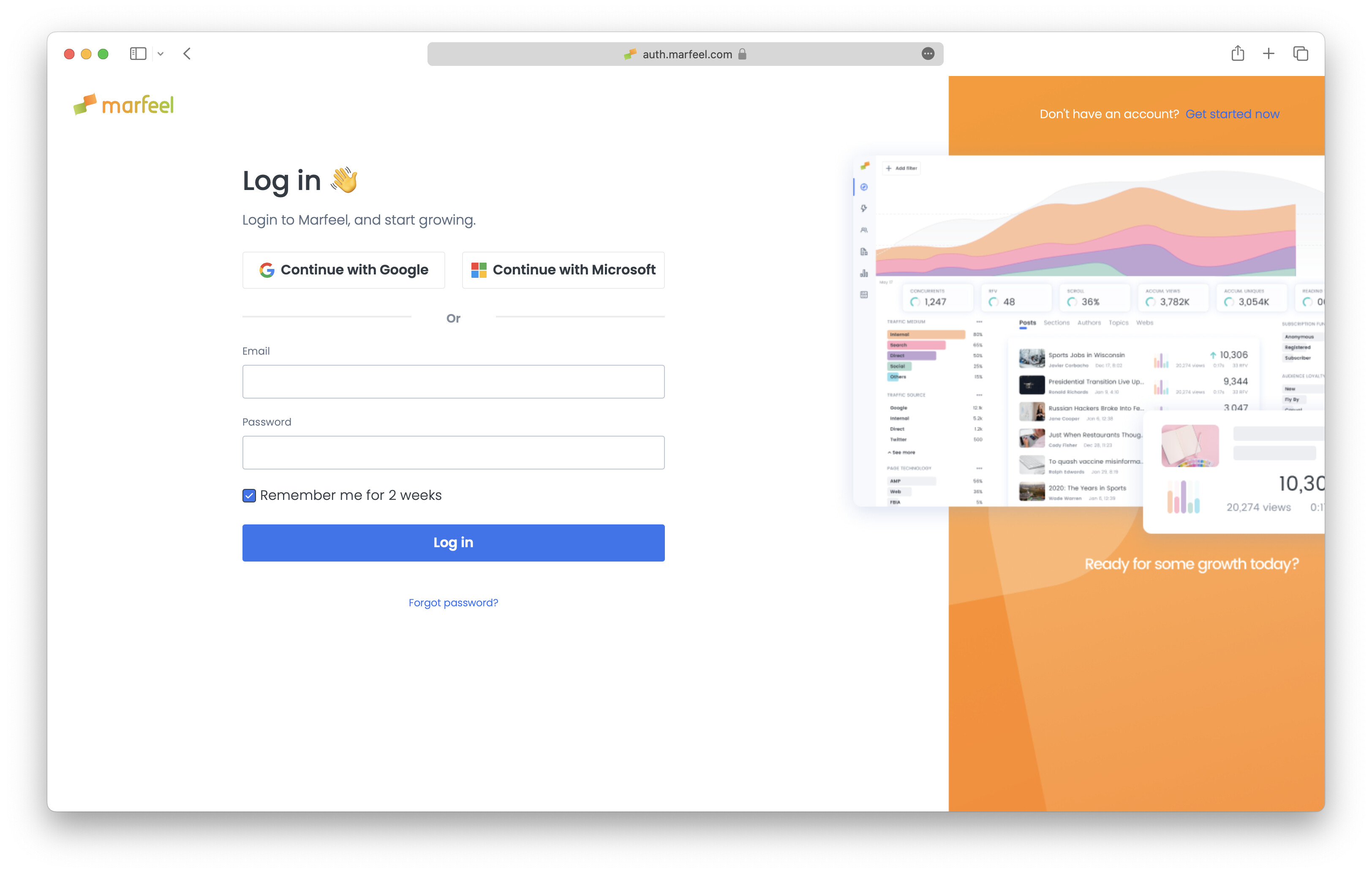 Marfeel login screen showing the Remember me for 2 weeks checkbox|690x439
