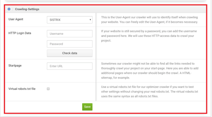 Sistrix user-agent configuration panel showing the custom bot identifier field|690x381