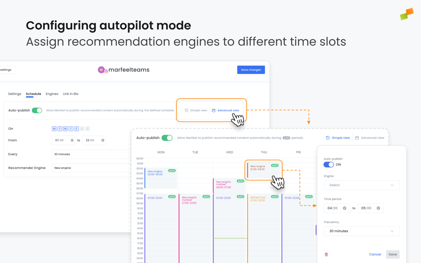 Weekly schedule view with recommendation engine blocks assigned to time slots|1440x900