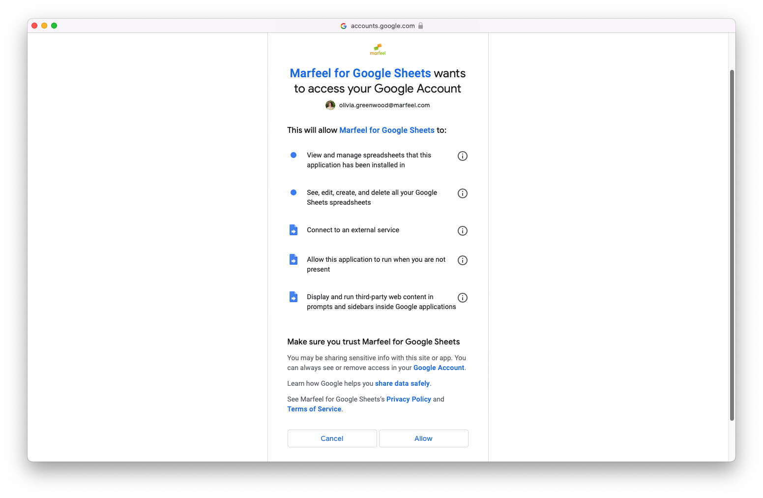 Permission request screen for Marfeel for Google Sheets listing required access|690x449