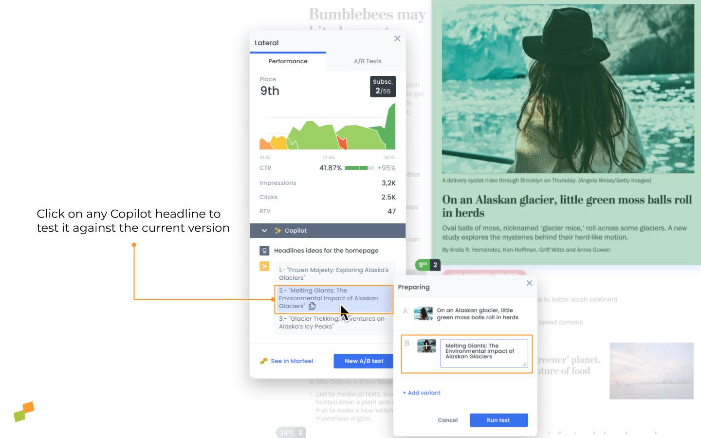 Copilot panel showing AI-generated headline suggestions with one-click A/B test creation|690x431