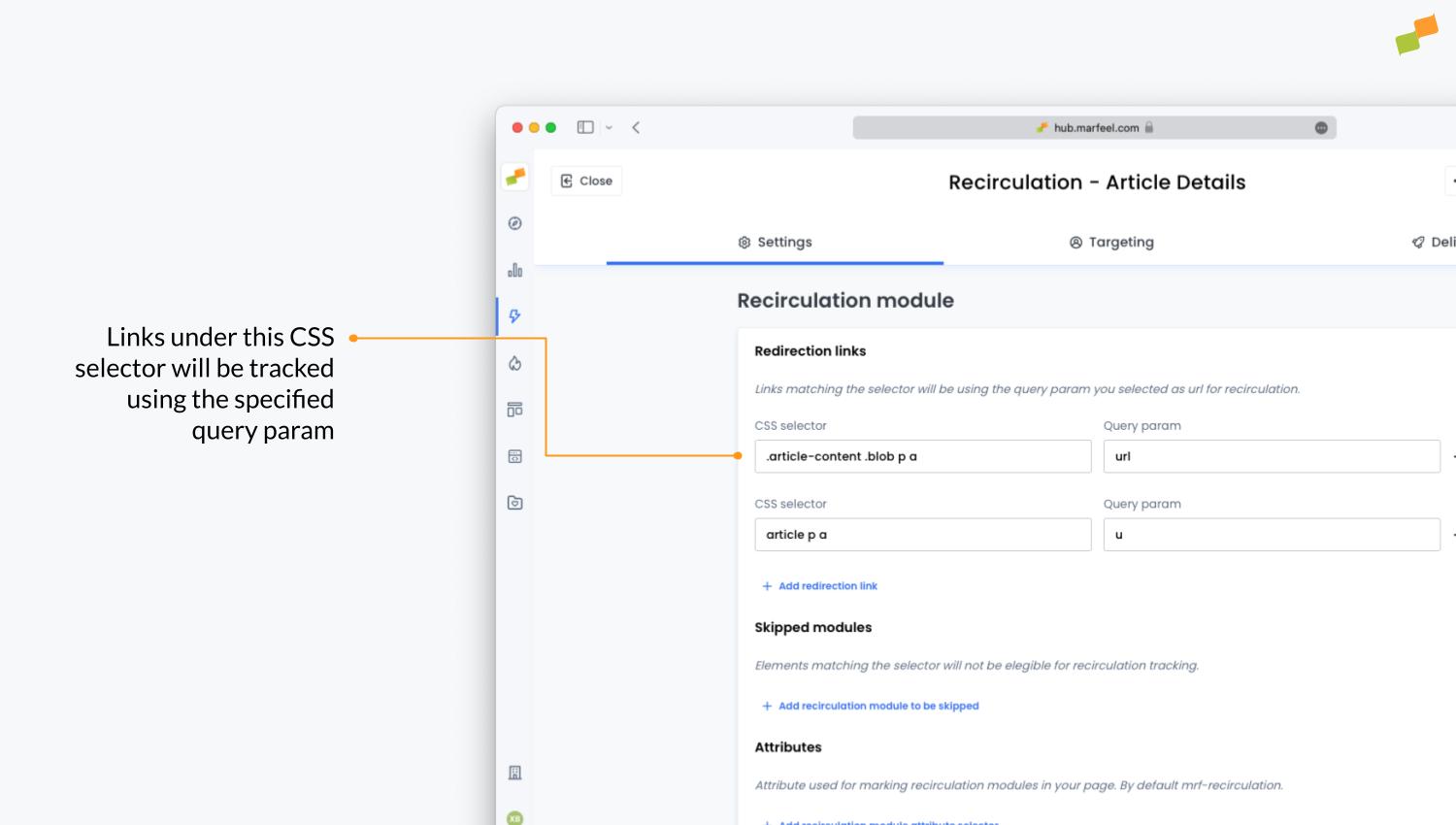 Redirection domain configuration showing CSS selector and query parameter fields|690x391