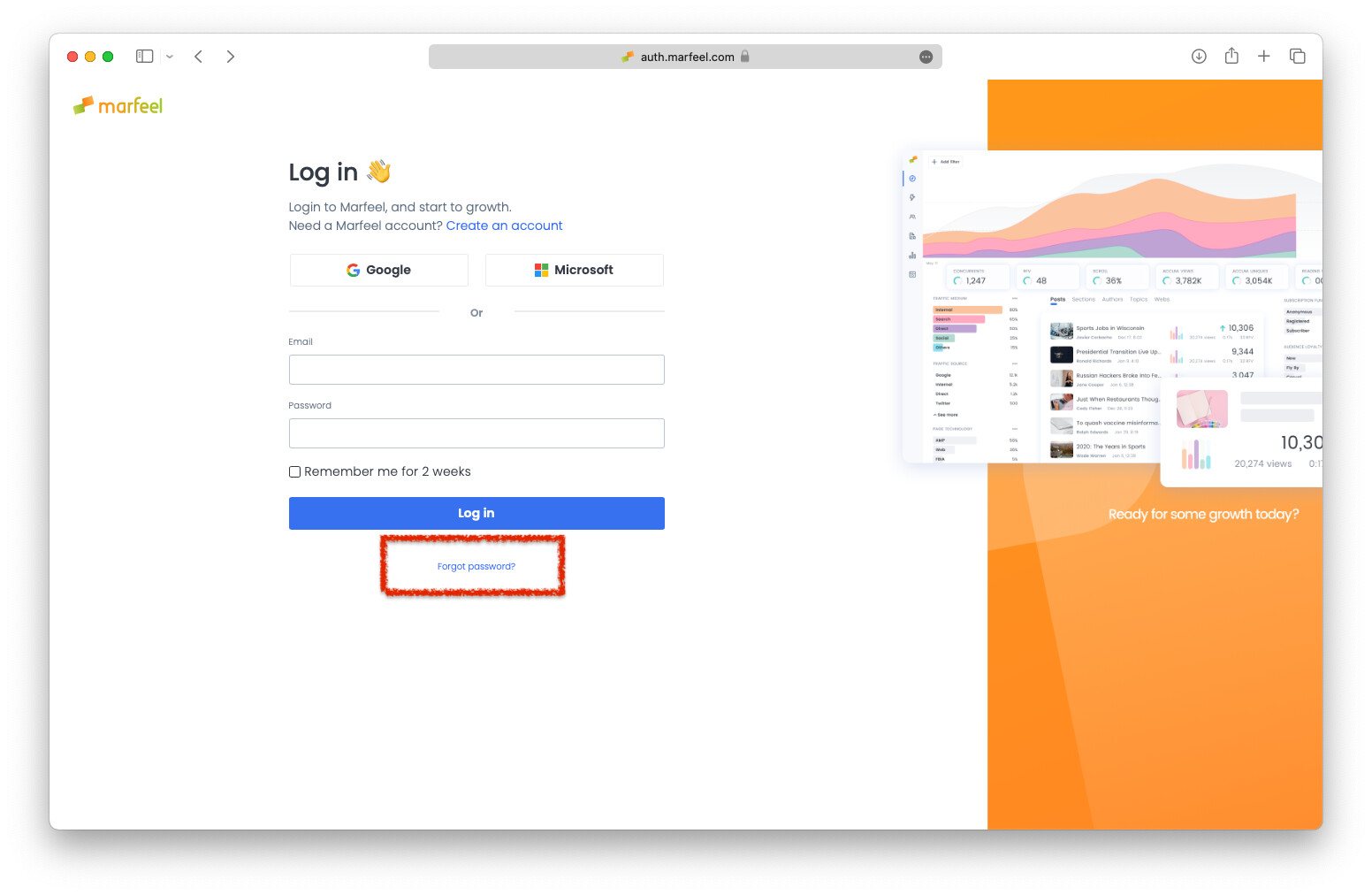 Marfeel login page highlighting the Forgot password link|690x449