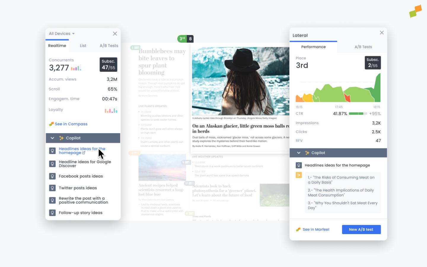 Marfeel Copilot HUD headline A/B testing suggestions interface|690x431