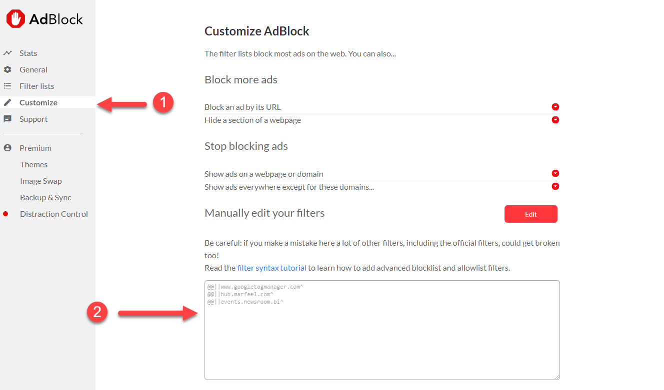 Adblock custom filter rules dialog for HUD allowlisting|690x405