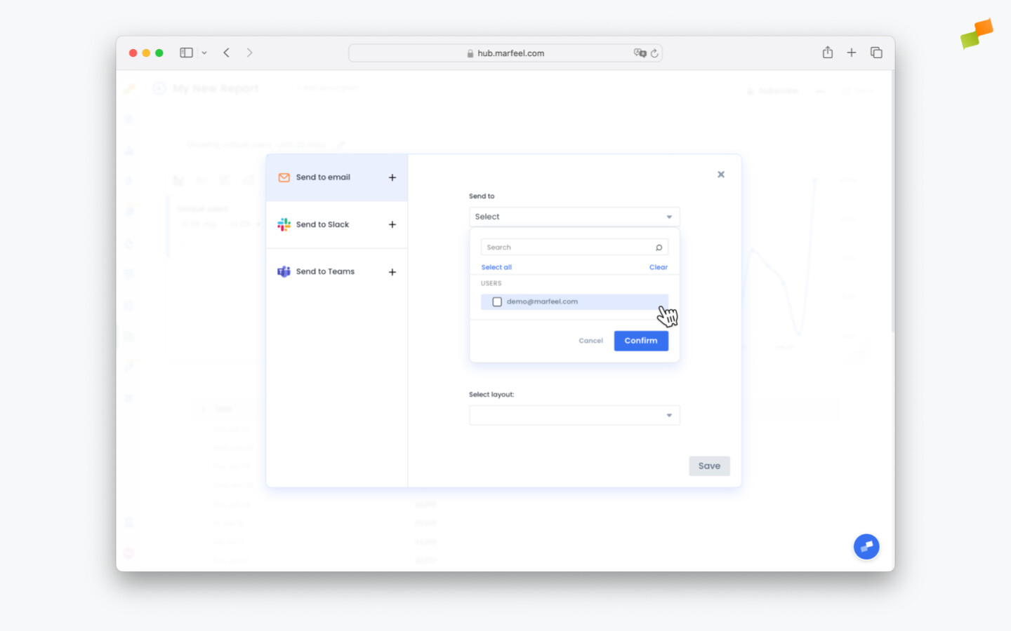 Recipient selector showing workspace members available for email report delivery|690x431