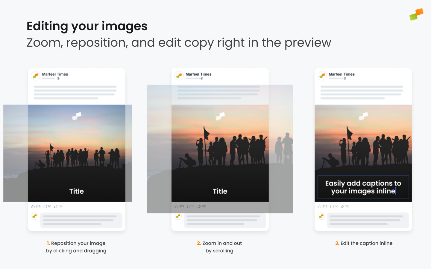 Inline text editor active on an image preview with drag-to-reposition controls|690x431