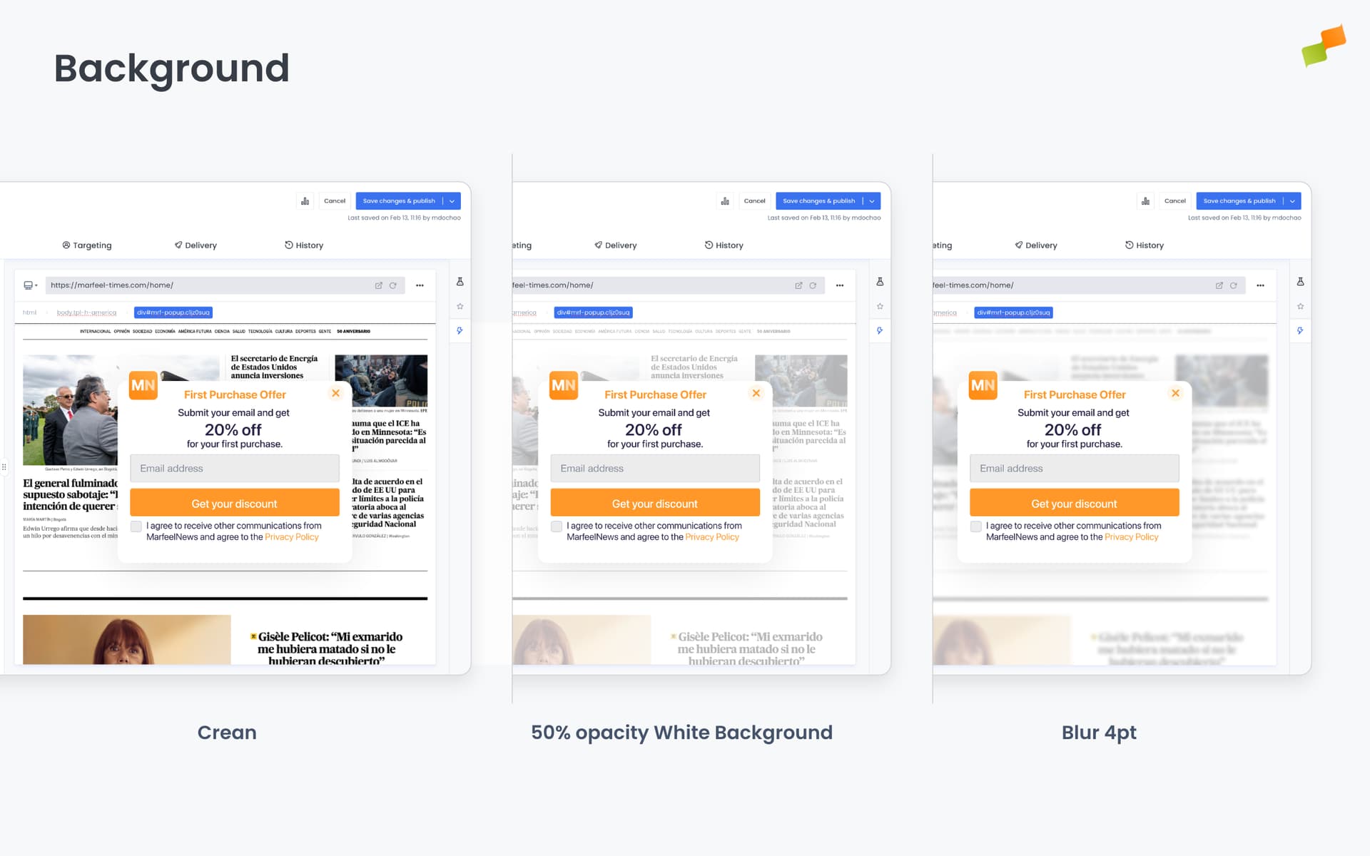 Popup backdrop color and blur configuration panel showing opacity and blur controls|690x431