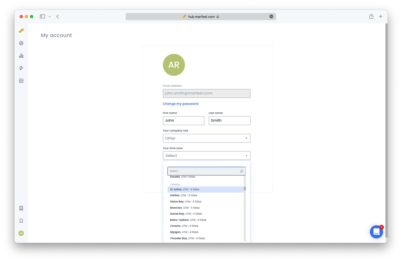 User timezone settings panel in Marfeel Compass with country and time zone selector|690x449