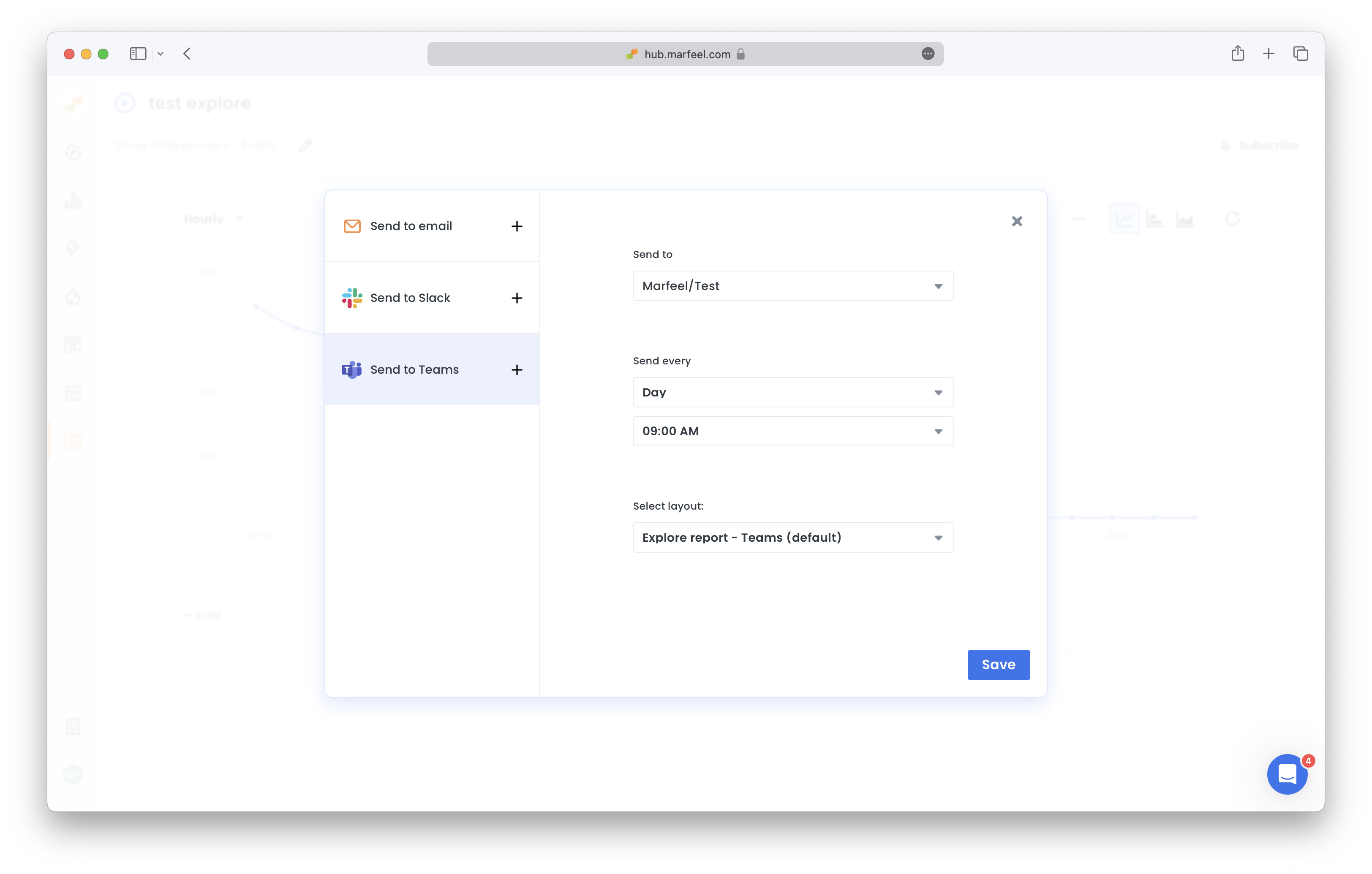 Report subscription dialog with Microsoft Teams delivery option selected|690x439