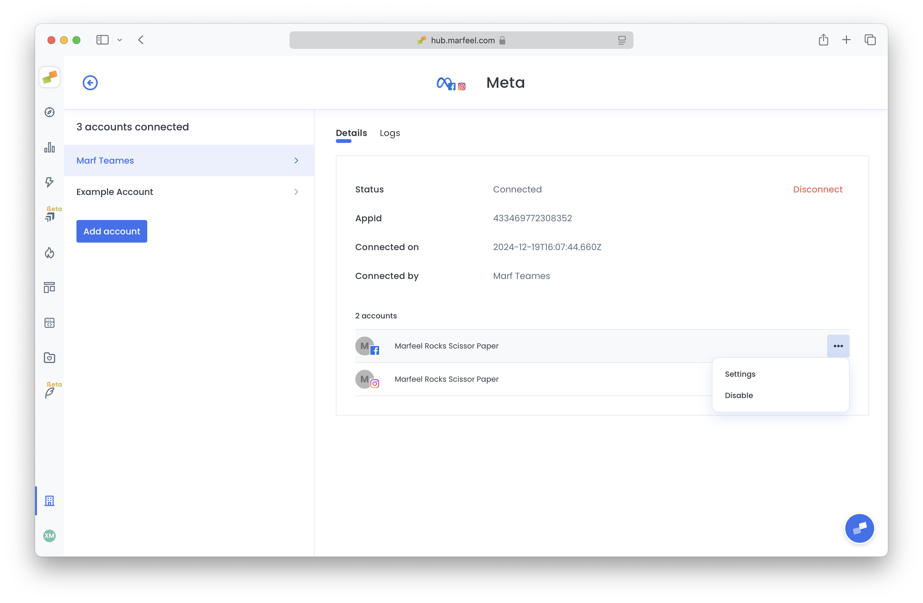 Social integration administration screen showing connected accounts and management options|690x450