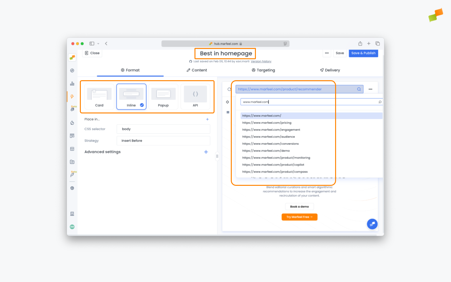 Creating a new inline Recommender experience with the preview URL selector