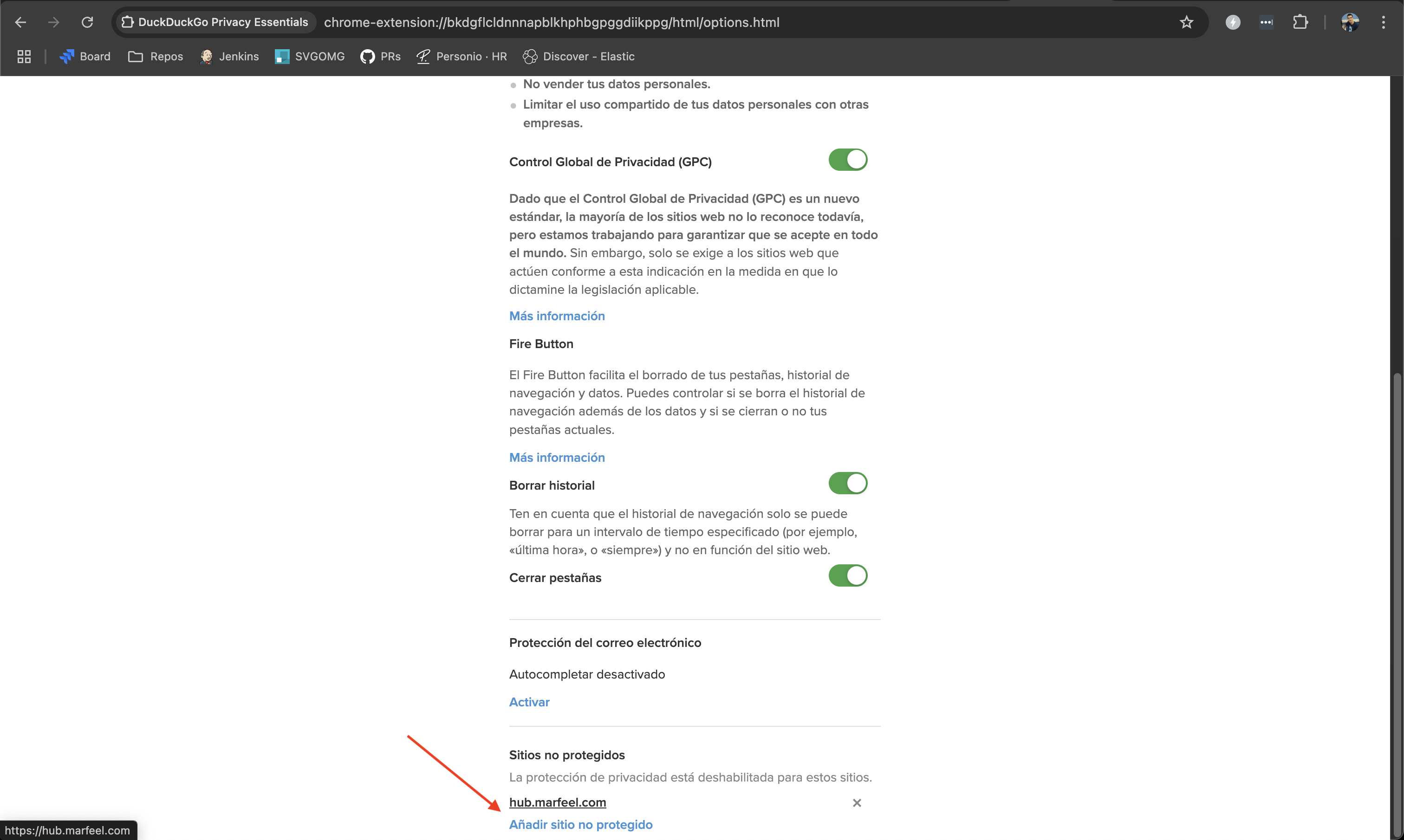 DuckDuckGo Privacy extension with hub.marfeel.com added to unprotected sites|690x412, 100%