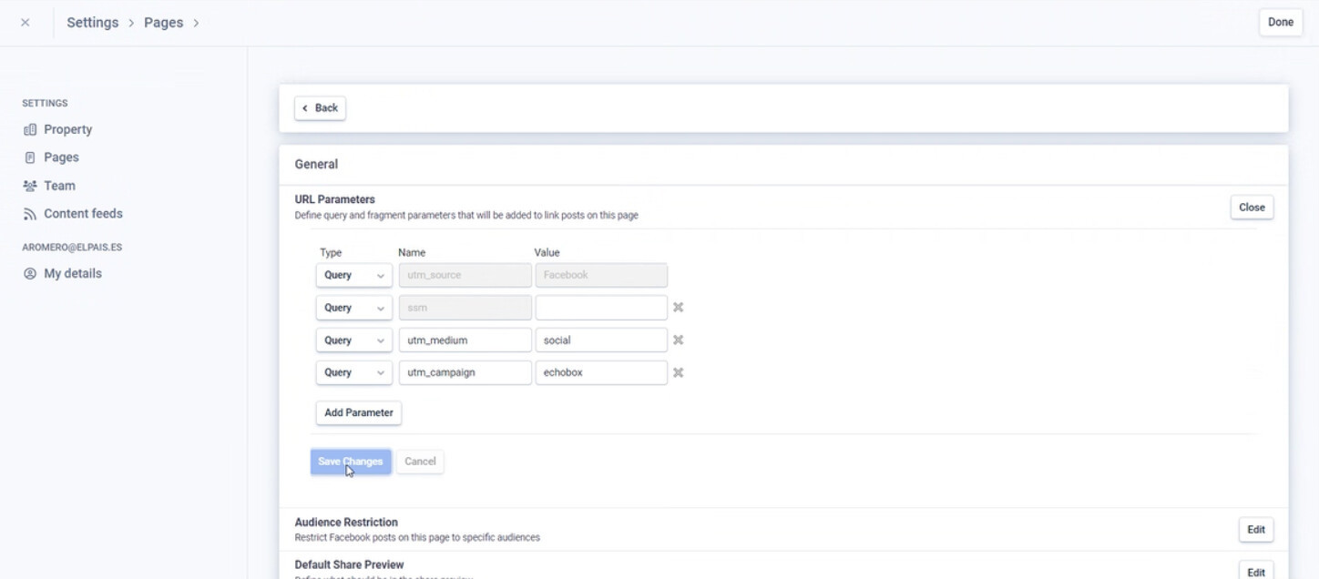 Echobox social scheduling interface with UTM parameter configuration fields|690x303