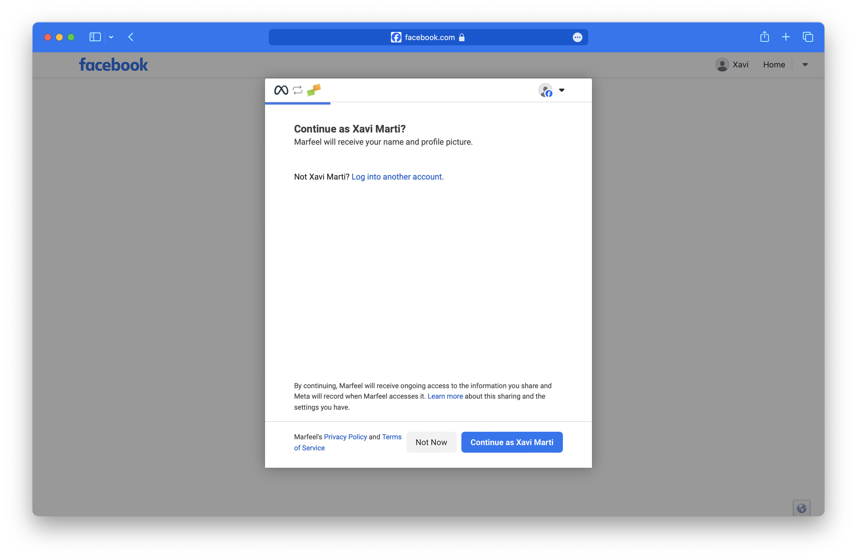 Facebook OAuth authorization start screen for Marfeel|690x450