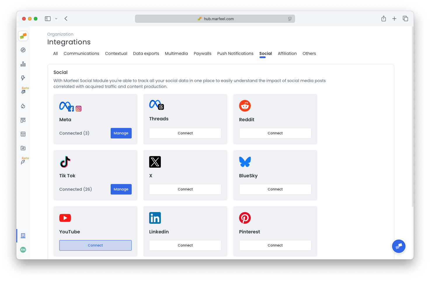 Marfeel Integrations page showing the Social section with YouTube connect option|690x450