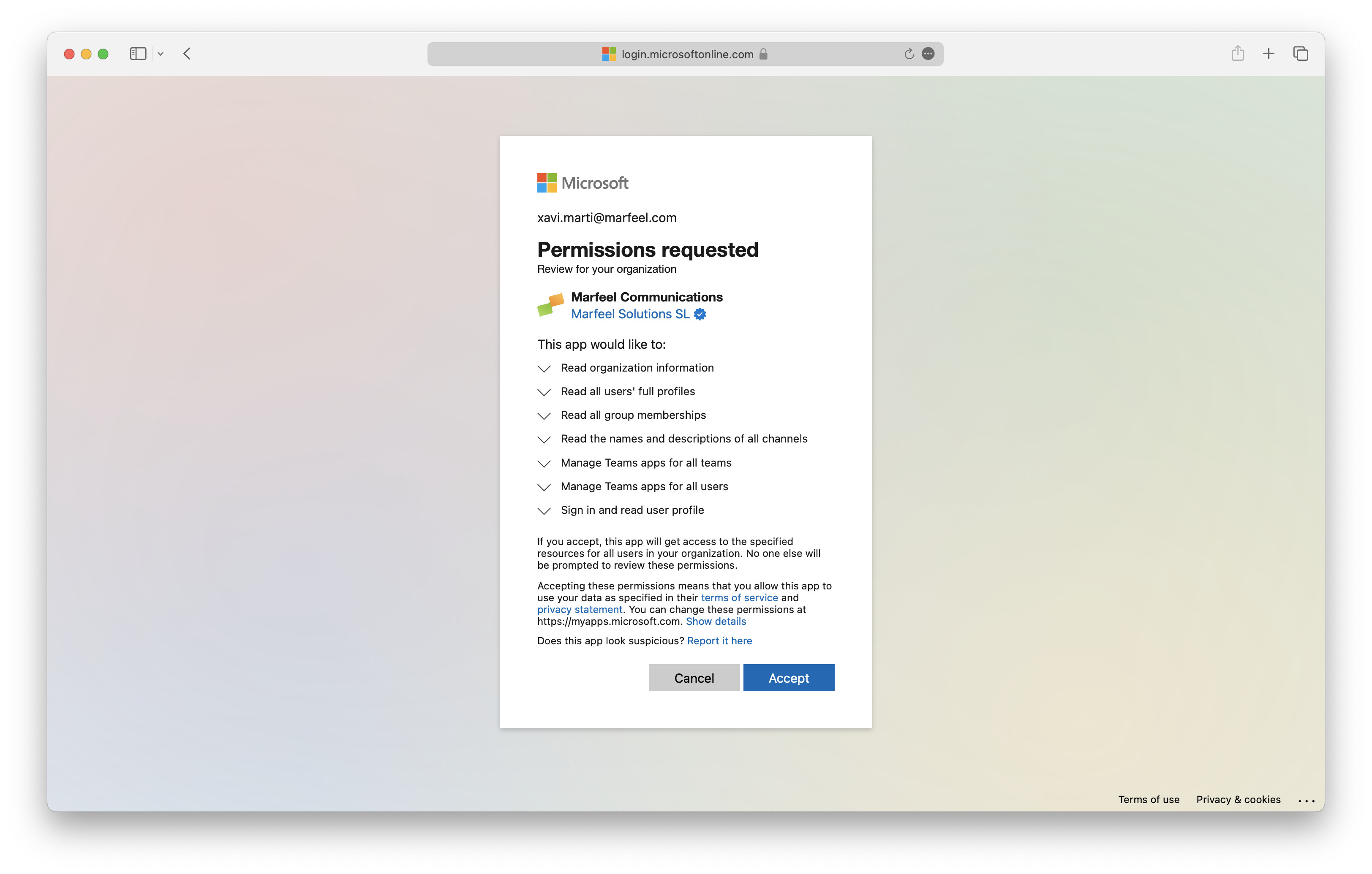 Microsoft OAuth sign-in dialog for permissions approval|690x439