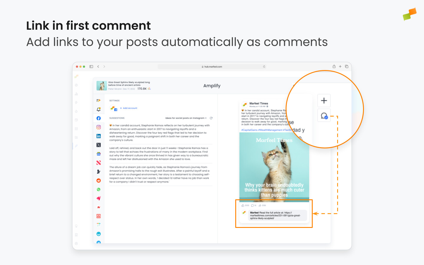 Amplify account settings panel with automatic first comment configuration enabled|692x432