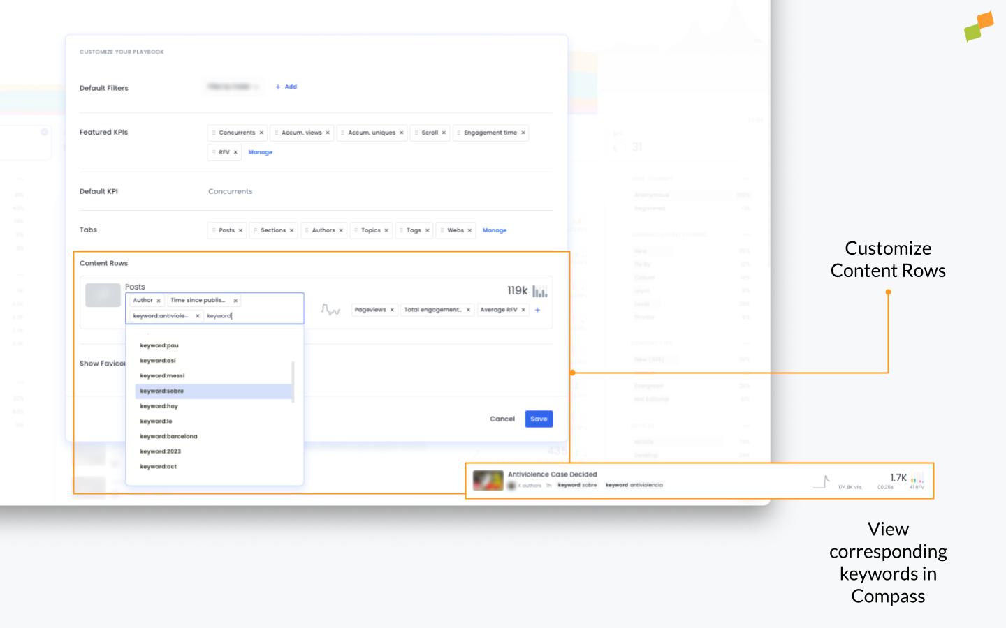 Compass content rows with keyword tags enabled for SERP monitoring queries|690x431