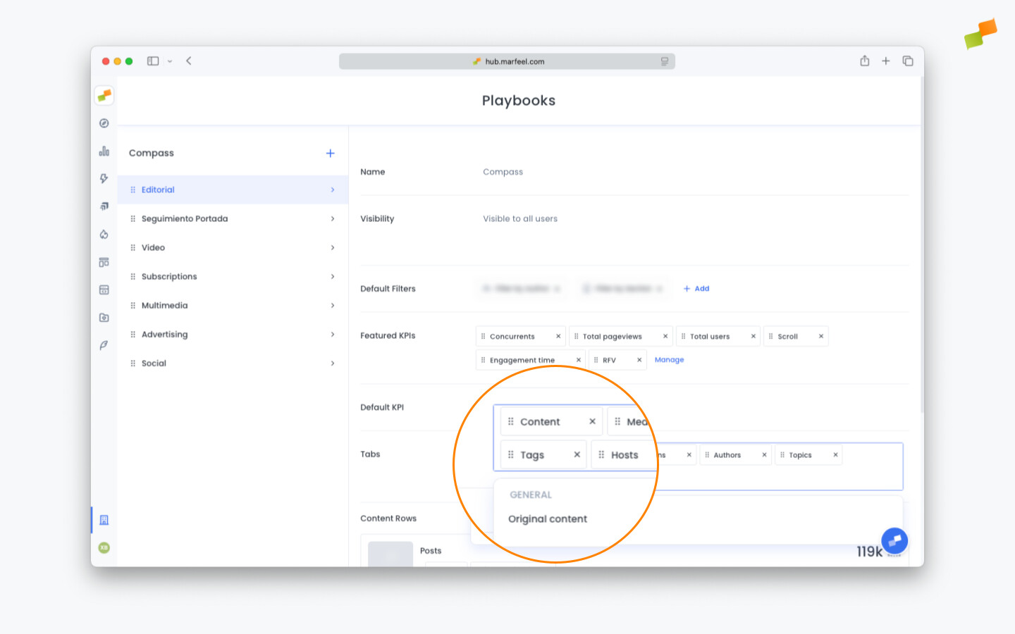 Compass settings panel for adding the Original Content roll-up tab to your organization|690x431