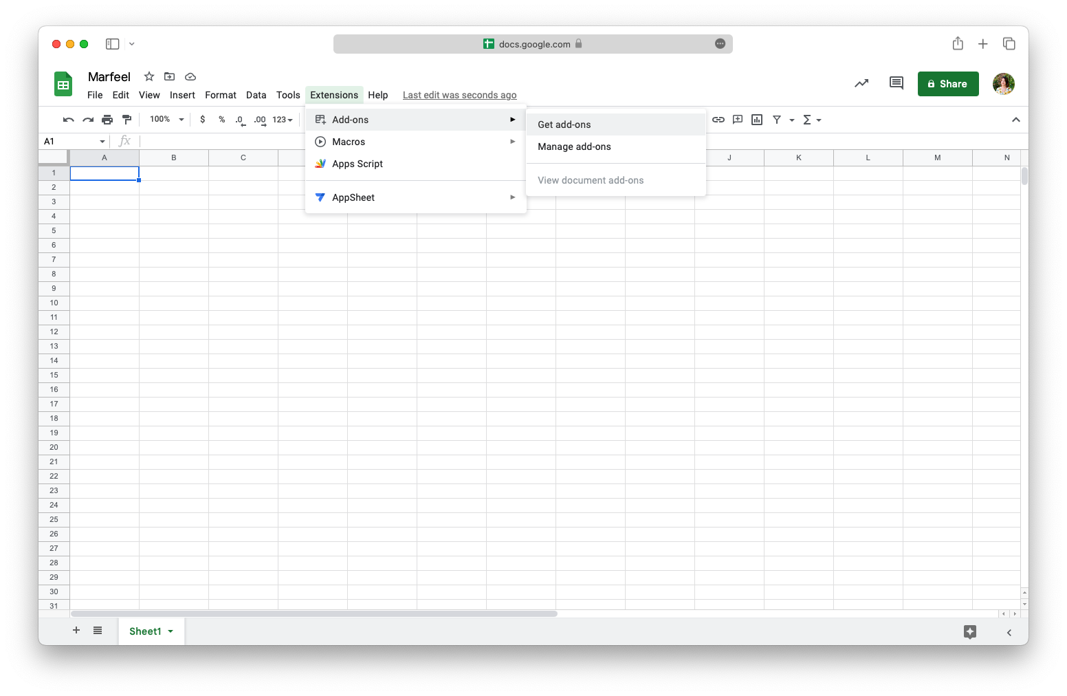 Google Sheets Extensions menu showing the Get Add Ons option|690x449