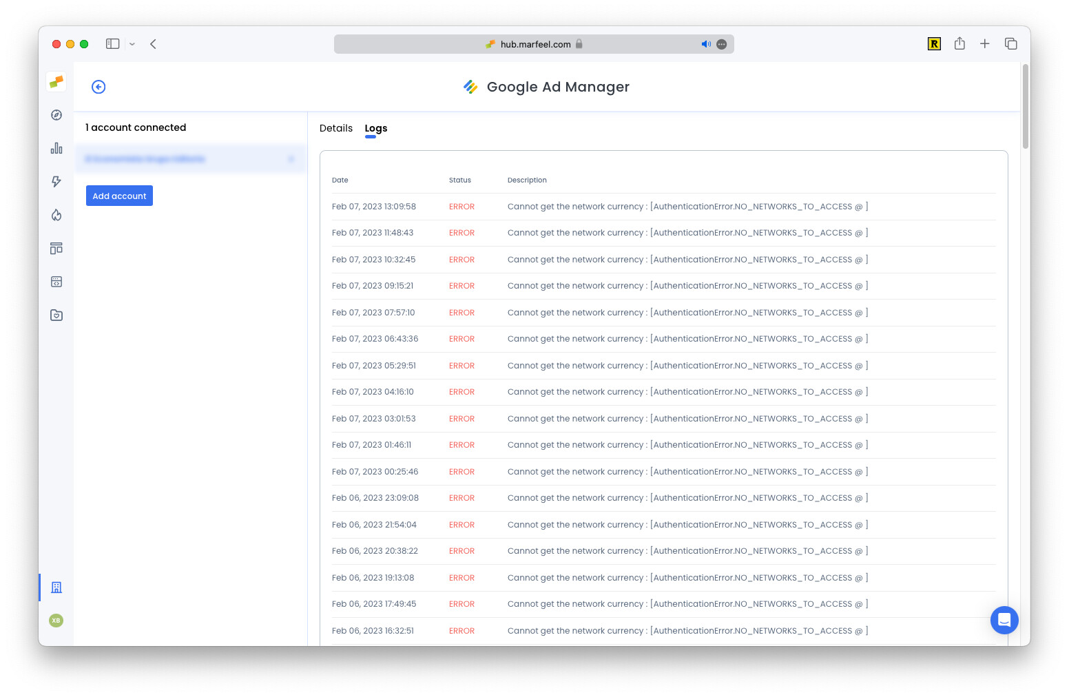 Google Ad Manager integration Logs tab showing sync status and error messages|690x449