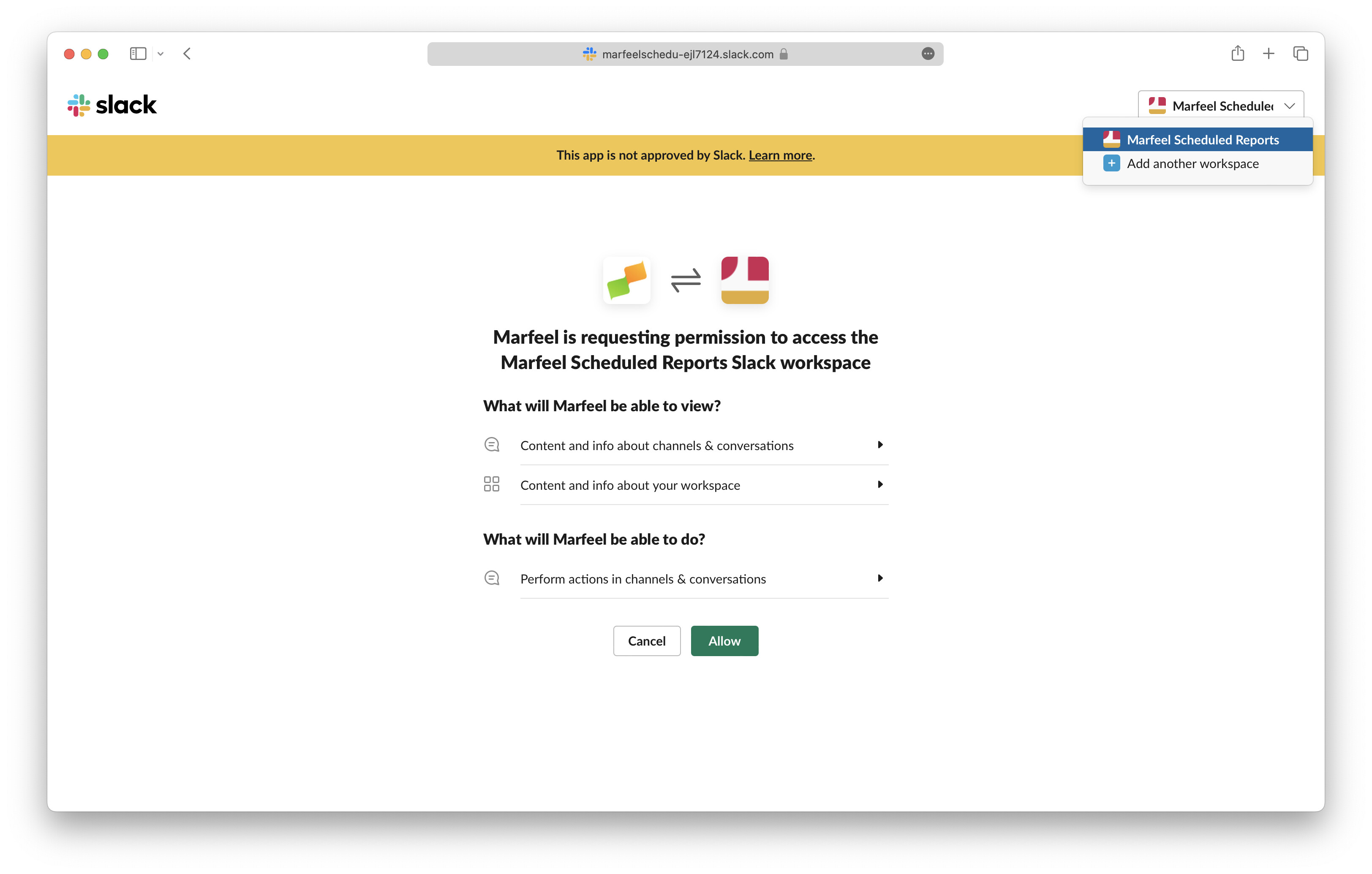 Slack OAuth authorization screen with the Allow button highlighted|690x439