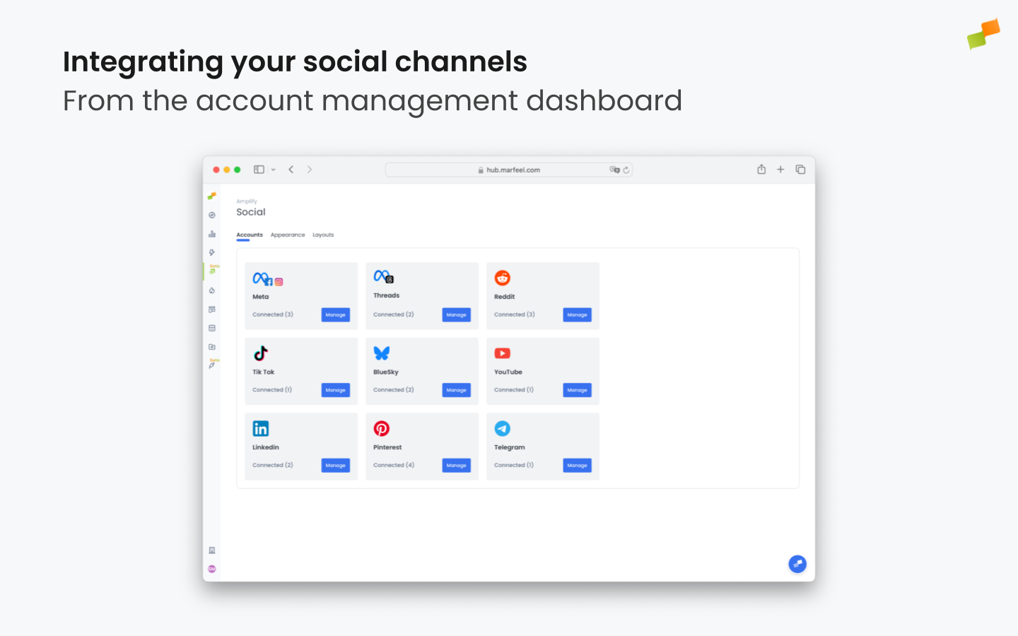 Account management panel listing available social channels with options to add new accounts|690x431