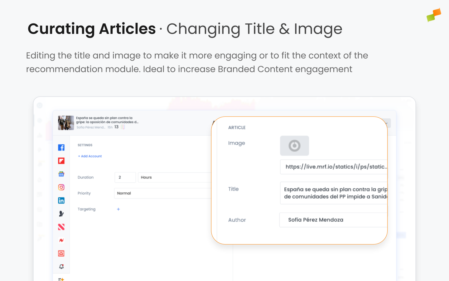 Marfeel Recommender curation editor showing editable title field and thumbnail selector