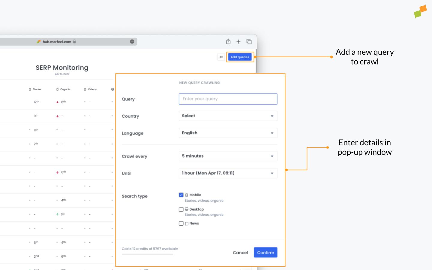 Marfeel SERP Monitoring new query button in the top navigation bar|690x431