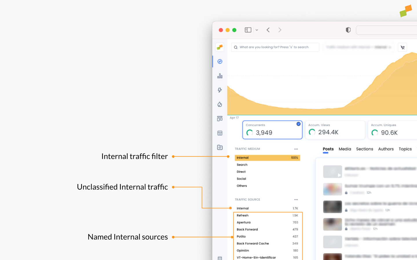 Marfeel recirculation modules dashboard showing internal traffic sources and navigation tracking options|690x431