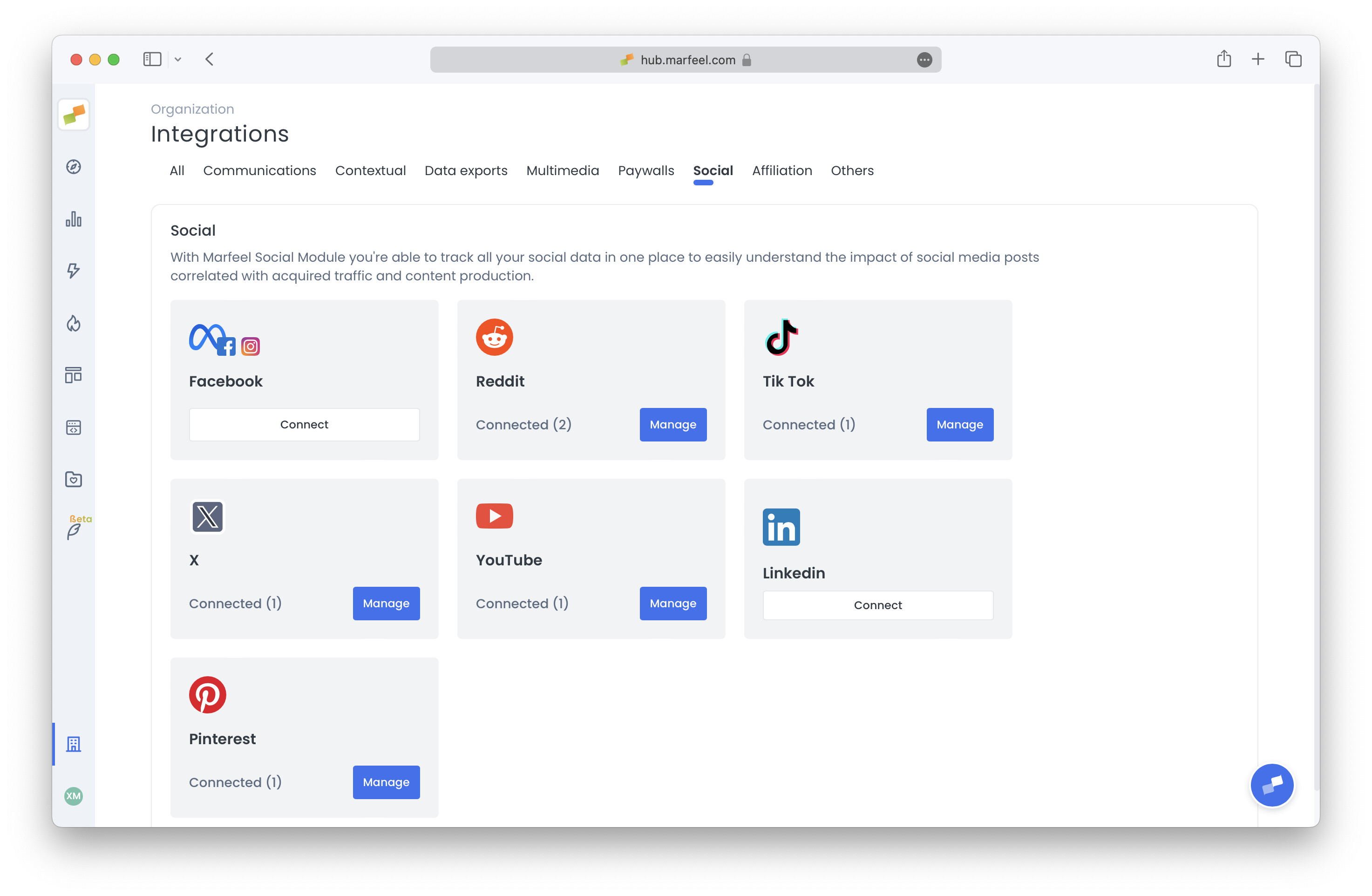 Marfeel sidebar showing the Social integrations section under Organization settings|690x450