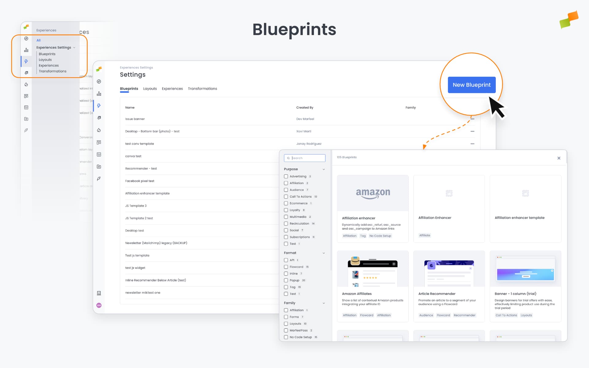 Blueprints management list showing existing blueprints and actions|690x431