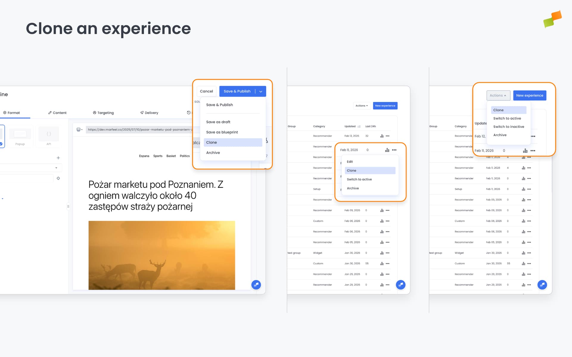 Three-dot menu showing the clone option for an experience|690x431