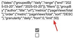 JSON configuration field showing the row limit parameter|251x131