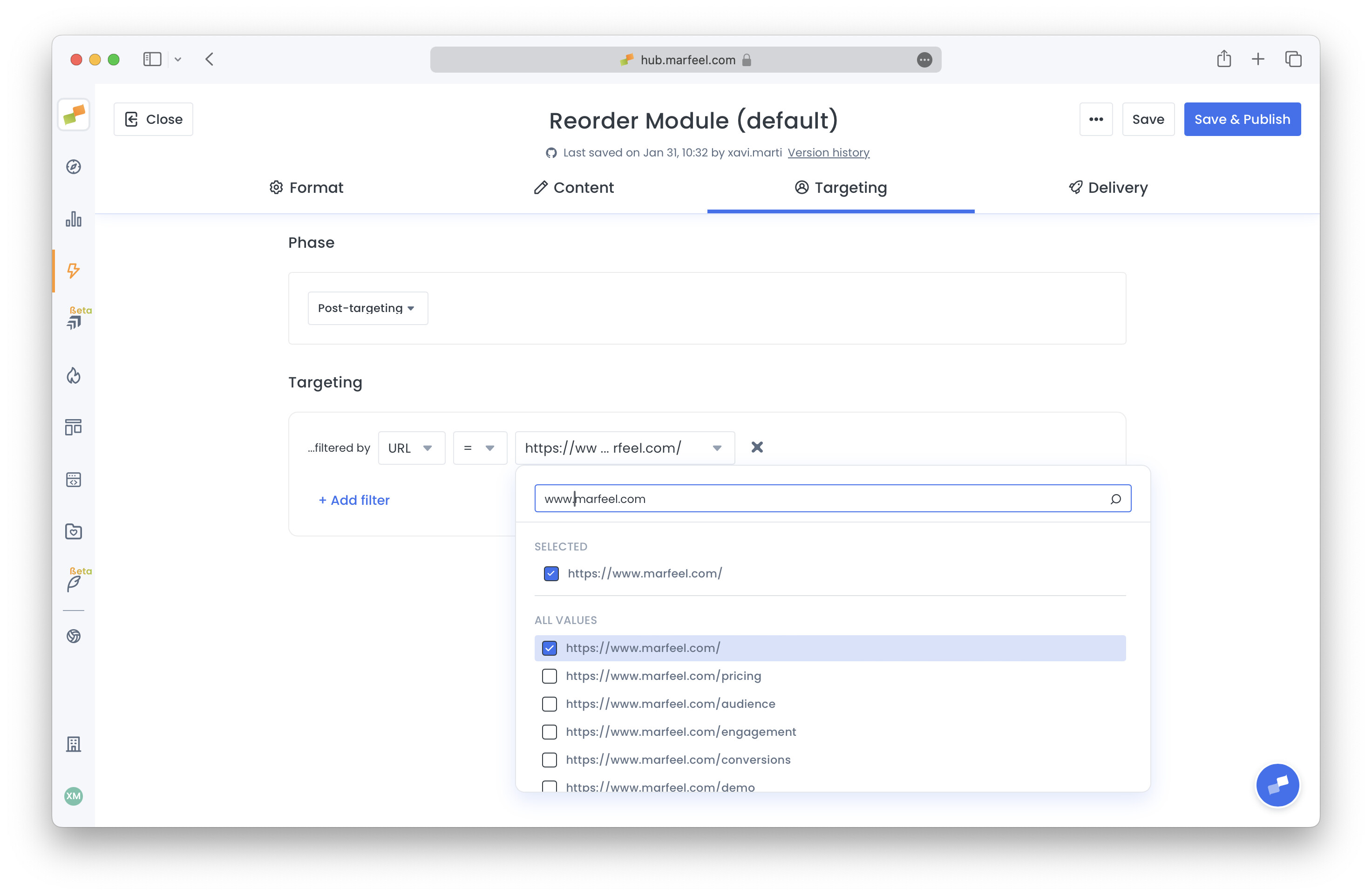 Targeting tab with conditions for controlling where the reorder experience applies|690x450