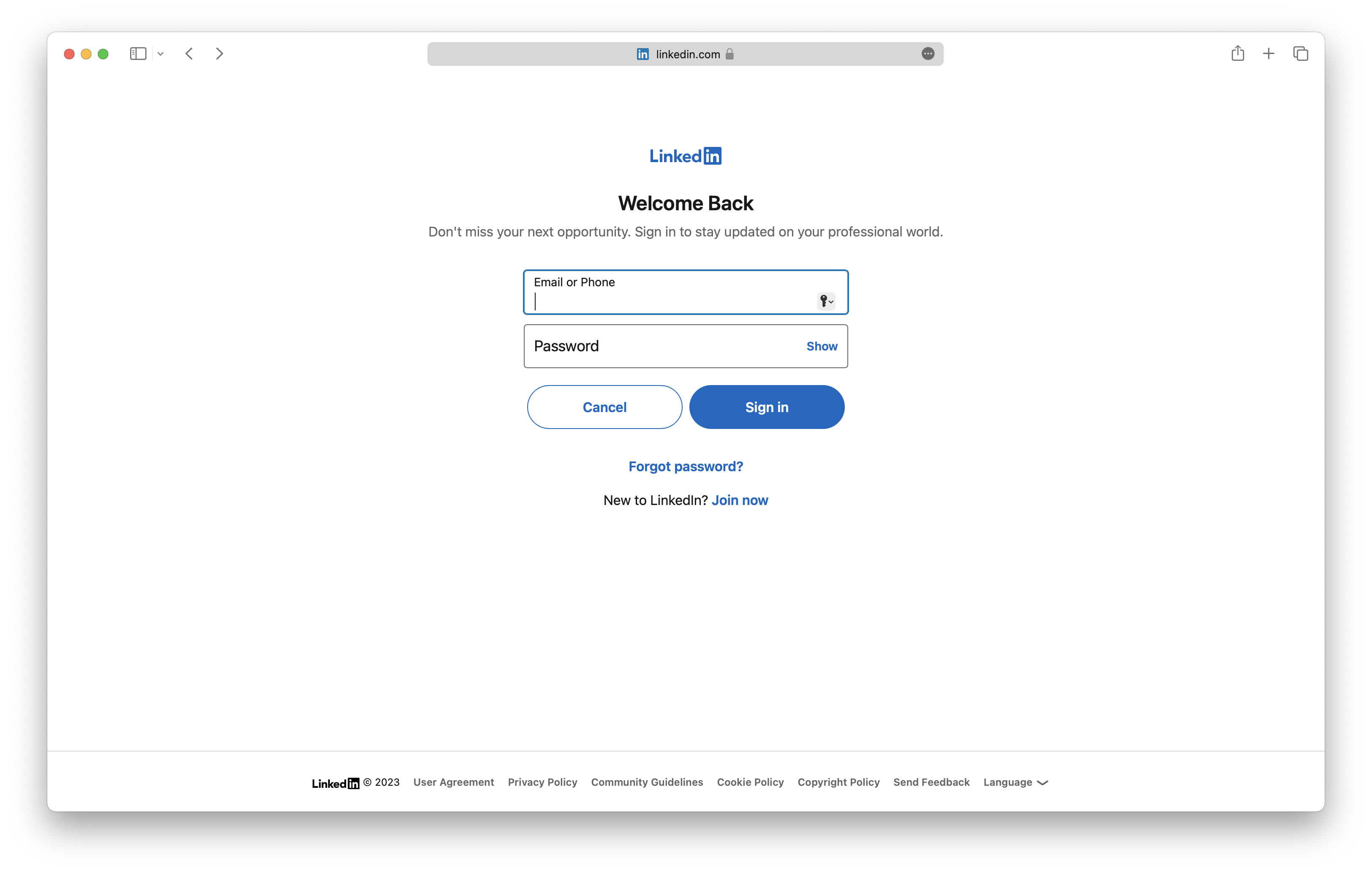 LinkedIn login screen with email and password fields|690x439