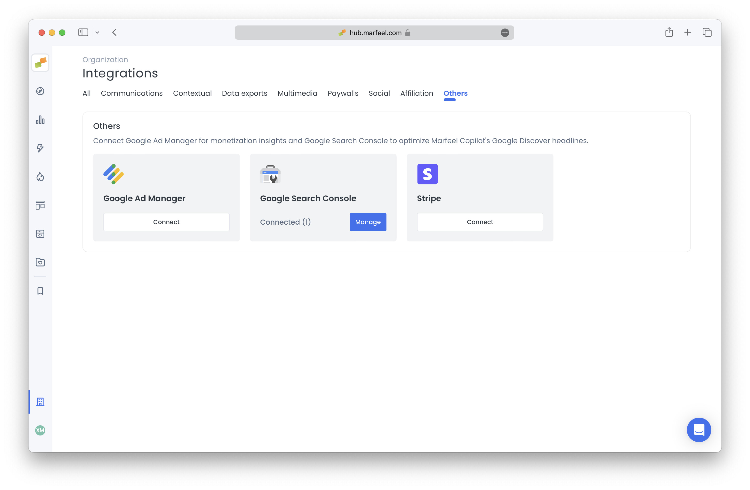 Marfeel Admin Console showing the Stripe Connect button under Integrations|690x450