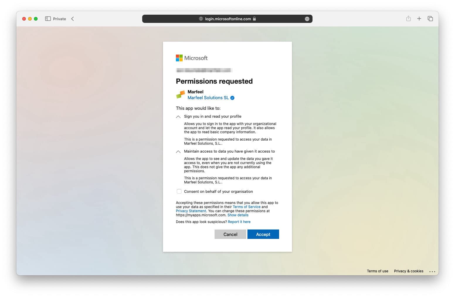 Microsoft OAuth permissions approval prompt for Marfeel SSO access|690x449