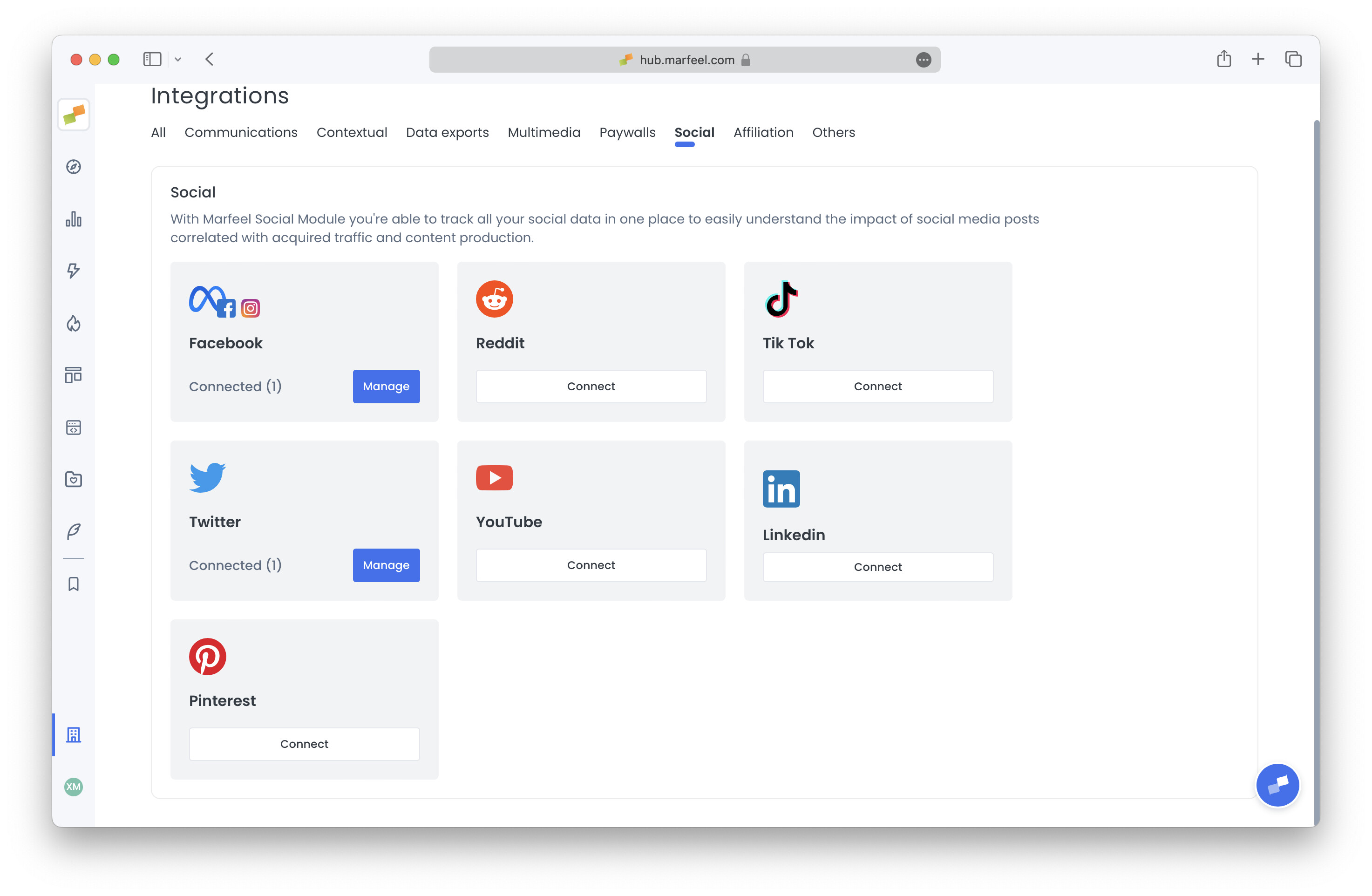 Marfeel Integrations panel showing the Pinterest Connect button in the Social section|690x450